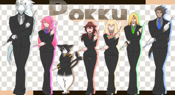 Rule 34 | 3girls, 4boys, arc system works, artist request, blazblue, blazblue phase 0, blonde hair, blue eyes, blush, breasts, brown hair, cat, celica a. mercury, dark skin, eyepatch, closed eyes, facial hair, formal clothes, glasses, gloves, green hair, hair over one eye, hakumen, hood, jubei (blazblue), konoe a. mercury, large breasts, long hair, looking at viewer, mask, multiple boys, multiple girls, multiple tails, necktie, open mouth, pink hair, pocky, ponytail, short hair, silver hair, smile, suit, tail, trinity glassfield, valkenhayn r hellsing, very long hair, yellow eyes, aged down, yuuki terumi