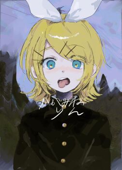 1girl alternate_costume blonde_hair blue_eyes bow building buttons chain-link_fence character_name commentary distortion fence flipped_hair gakuran hair_bow hair_ornament hairclip high_collar highres kagamine_rin looking_at_viewer making_faces medium_hair octopachi open_mouth outdoors overcast power_lines raised_eyebrows sanpaku school_uniform sky solo straight-on swept_bangs tongue tongue_out transmission_tower tree upper_body vocaloid white_bow