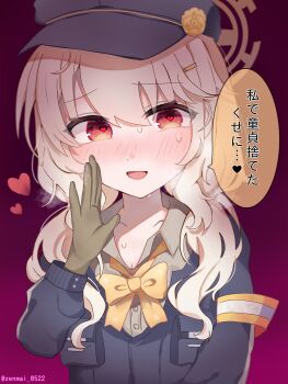 1girl aoba_(blue_archive) armband black_hat black_jacket blonde_hair blue_archive blush bow bowtie gloves hat heart heart_in_eye highres jacket long_hair looking_at_viewer shirt solo speech_bubble symbol_in_eye upper_body zenmai_0522