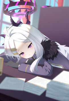 1girl absurdres ahoge arm_support belt black_coat black_gloves blue_archive blurry chyuukaa0124 coat coat_on_shoulders commentary_request crossed_arms depth_of_field desk fur-trimmed_coat fur_trim gloves hair_ornament hairclip half_updo halo head_rest head_tilt highres hina_(blue_archive) indoors long_hair long_sleeves looking_at_viewer military_uniform office open_clothes open_coat paper_stack parted_bangs sam_browne_belt sidelocks solo window