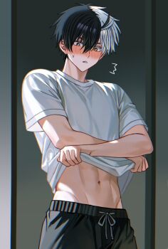 1boy black_hair black_pants black_shorts blush clothes_lift grey_eyes grey_hair heterochromia highres hyohls2_(hamao3o) male_focus midriff multicolored_hair navel open_clothes open_shirt pants sakura_haruka_(wind_breaker) shirt shirt_lift shorts solo split-color_hair stomach two-tone_hair undressing white_hair white_shirt wind_breaker_(nii_satoru) yellow_eyes