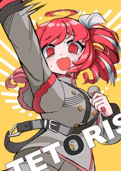 1girl @_@ absurdres arm_up buttons grey_jacket hair_ribbon highres holding holding_microphone jacket kasane_teto kasane_teto_(sv) long_sleeves looking_at_viewer microphone open_mouth red_eyes red_hair ribbon shoulder_belt solo synthesizer_v tetoris_(synthesizer_v) uminonin46978 upper_body utau yellow_background