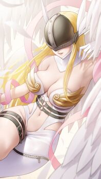 1girl absurdres angel angel_wings angewomon arm_up armpits asymmetrical_clothes bare_shoulders belt black_belt blonde_hair bodysuit boobplate breastplate breasts cleavage clothing_cutout commentary_request covered_eyes digimon digimon_(creature) falling_feathers feathered_wings feathers gloves hagoromo helmet helmet_over_eyes highres hip_vent large_breasts long_hair multiple_wings navel o-ring o-ring_belt parted_lips shawl sidelocks skindentation smile solo somebody_(leiking00) stomach stomach_cutout thigh_belt thigh_strap white_bodysuit winged_helmet wings zipper zipper_pull_tab