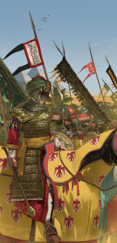 1girl absurdres ancient_egyptian_architecture arabian_clothes arabic_text arm_shield armor army aventail banner battle_standard bird black_veil blue_sky building cavalry chainmail cloud commentary day egypt facial_hair flag flanged_mace great_pyramid_of_giza headpiece helmet highres holding holding_mace holding_reins holding_shield holding_weapon horse horseback_riding islam lamellar_armor mace medieval multiple_boys original outdoors polearm pyramid pyramid_(structure) pzkpfwi reins riding saddle see-through_clothes see-through_veil shield sky spear stirrups_(riding) tree veil war_banner weapon
