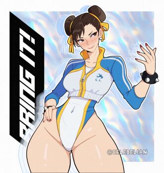 1girl beckoning blush bracelet breasts brown_eyes brown_hair capcom celebelian chun-li covered_navel cropped_jacket cropped_legs double_bun earrings hair_bun hair_ribbon hand_on_own_hip highres jewelry leotard nail_polish outside_border ribbon solo spiked_bracelet spikes street_fighter thick_thighs thighs wide_hips yellow_ribbon