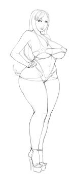 Rule 34 | 1990s (style), 1girl, bikini, breasts, cleft of venus, covered erect nipples, curvy, dress, earrings, female focus, final fantasy, final fantasy vii, greyscale, hand on own hip, high heels, highres, hip focus, huge breasts, jewelry, lips, lm (legoman), long hair, micro bikini, monochrome, pussy, pussy peek, retro artstyle, revealing clothes, sketch, solo, square enix, stiletto heels, swimsuit, thick thighs, thighs, tifa lockhart, underboob, wide hips