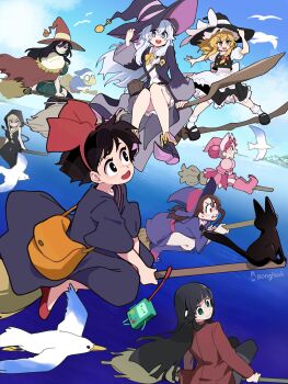 6+girls absurdres adventure_time artist_name bird black_cat black_dress black_hair blonde_hair blue_robe blunt_bangs blunt_ends bmo bongftah broom broom_riding broom_surfing cat commentary_request crossover dress elaina_(majo_no_tabitabi) flying flying_witch glasses grey_hair harukaze_doremi hat highres jiji_(majo_no_takkyuubin) kagari_atsuko kagari_ayaka kamek kiki_(majo_no_takkyuubin) kirisame_marisa kowata_makoto little_witch_academia long_hair looking_ahead looking_at_another magical_girl majo_no_tabitabi majo_no_takkyuubin mario_(series) medusa_gorgon multiple_crossover multiple_girls nintendo ojamajo_doremi outdoors purple_robe robe round_eyewear seagull short_hair simple_bird smile soul_eater straight_hair teeth touhou trait_connection upper_teeth_only very_long_hair witch witch_craft_works witch_hat