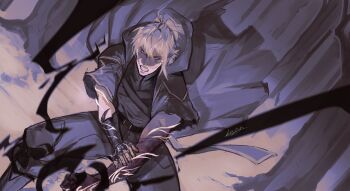 1boy absurdres arthur_leywin belt chest_belt clenched_teeth dutch_angle feet_out_of_frame gauntlets hair_between_eyes hand_on_own_arm highres jacket limited_palette logicsterrr magic male_focus serious short_hair sidelocks solo spread_legs teeth the_beginning_after_the_end underlighting wind wind_lift yellow_eyes