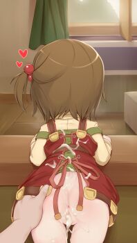 1girl after_vaginal aftersex anus apron ass ass_grab bent_over bottomless brown_hair counter cum cum_in_pussy cum_on_ass cum_on_back cum_on_body cum_on_clothes cumdrip curtains facing_away from_behind hair_ornament heart highres indoors loli pestil pov pov_hands pussy recette_lemongrass recettear shirt side_ponytail solo_focus steam uncensored window