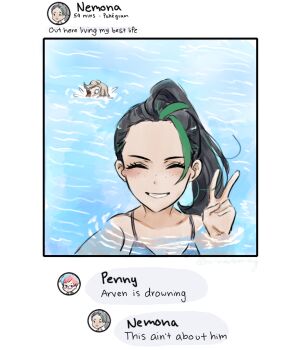 1boy 2girls alternate_costume arven_(pokemon) asphyxiation bikini black_hair brand_name_imitation character_name chat_log closed_eyes collarbone commentary drowning english_text facing_viewer freckles green_hair grin hand_up hu_manbee_ing instagram meme multicolored_hair multiple_girls nemona_(pokemon) nintendo out_here_living_my_best_life_(meme) penny_(pokemon) pokemon pokemon_sv ripples selfie smile swimsuit teeth two-tone_hair v water