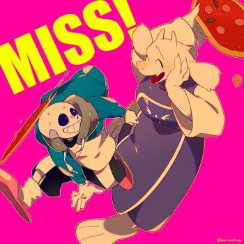 1boy 1girl ^_^ animal_ears black_sclera blue_jacket closed_eyes colored_sclera drawstring food full_body furry furry_female goat_ears goat_girl goat_horns grin hand_on_own_cheek hand_on_own_face highres holding holding_food horns jacket kanianoreki open_mouth pink_background pizza purple_robe robe sans_(undertale) signature slippers smile sweat toriel twitter_username undertale utdr_(toby_fox)