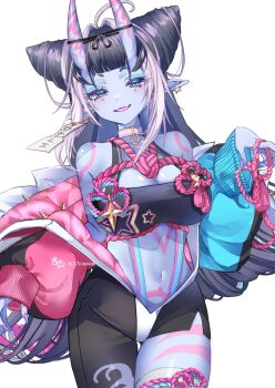 1girl ahoge asymmetrical_clothes bare_shoulders black_bra black_hair blue_eyes blue_jacket blue_skin body_markings bra breasts chinese_knot choker colored_skin commentary commission cowboy_shot earrings english_commentary fang hair_intakes highres horns jacket jacket_partially_removed jewelry large_breasts long_hair looking_at_viewer multicolored_jacket navel oni open_mouth original pink_choker pink_jacket pointy_ears side_slit simple_background single_pantsleg skin-covered_horns skin_fang smile solo stomach underwear vgen_commission white_background xxcaaan
