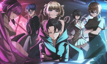 Rule 34 | bare shoulders, black hair, black jacket, black pantyhose, blonde hair, blue eyes, blue hair, breasts, character request, collared shirt, commentary request, earrings, eiryu33, glasses, grey jacket, grey skirt, hair between eyes, highres, jacket, jewelry, long hair, long sleeves, looking at viewer, loose necktie, medium breasts, miniskirt, necktie, pantyhose, pleated skirt, purple hair, red necktie, round eyewear, school uniform, shirt, short hair, short sleeves, skirt, very long hair, white shirt, yofukashi no uta