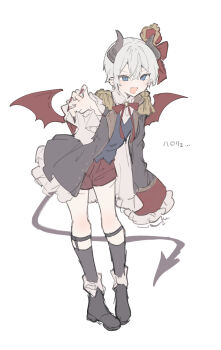 1boy :d black_boots blue_eyes blue_vest boots bow character_request claw_pose collared_shirt commentary_request crown demon_boy demon_horns demon_tail dress_shirt fingernails fold-over_boots frilled_sleeves frills full_body grey_hair grey_jacket grey_socks hair_between_eyes highres horns ikeuchi_tanuma jacket long_fingernails looking_at_viewer male_focus mini_crown open_clothes open_jacket open_mouth original red_bow red_nails red_shorts red_wings sharp_fingernails shirt short_shorts shorts simple_background sleeves_past_fingers sleeves_past_wrists smile socks solo standing tail tilted_headwear translation_request v-shaped_eyebrows vest white_background white_shirt wings