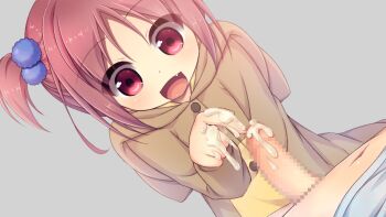 1boy 1girl :d animal_costume animal_hood aoi_aruma clueless cosplay costume cowboy_shot cum cum_on_body cum_on_hands dog_costume erection fang flat_chest game_cg hood jissai_no_tokoro kigurumi kumura_hibari_(jissai_no_tokoro) loli looking_at_penis lying navel on_back open_mouth penis pink_eyes pink_hair poking shirt short_hair sidelocks simple_background smile standing transparent_background twintails variant_set white_shirt