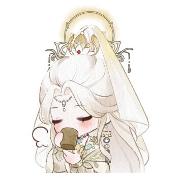 Rule 34 | 1girl, artist request, bead necklace, beads, chinese clothes, circlet, closed eyes, covered mouth, cropped torso, cup, drinking, earrings, eyelashes, formless truth (infinity nikki), glowing, glowing halo, gold circlet, gold earrings, hair ornament, halo, hanfu, holding, holding cup, infinity nikki, jewelry, layered sleeves, light blush, long hair, long sleeves, necklace, nikki (series), official art, painterly, puffy long sleeves, puffy sleeves, solo, steam, sticker (medium), topknot, transparent background, veil, very long hair, white hair, white hanfu, white veil, wide sleeves, yunomi
