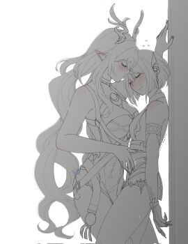 2girls antlers blush breasts claws cleavage commentary dress ear_blush english_commentary genshin_impact greyscale hand_on_another&#039;s_waist highres horns kabedon kokoadestroyer large_breasts lauma_(genshin_impact) long_hair monochrome multiple_girls nefer_(genshin_impact) pointy_ears short_hair shoulder_blush small_breasts spot_color yuri