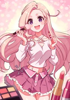 Rule 34 | 1girl, absurdres, birthday, blonde hair, blush, breasts, cleavage, cleavage cutout, clothing cutout, collarbone, commentary, cosmetics, cream (nipakupa), highres, holding, holding brush, holding lipstick tube, holding makeup brush, ikizulive! love live! bluebird, konohana aurora, large breasts, lipstick, lipstick tube, long hair, looking at viewer, love live!, makeup, makeup brush, makeup palette, miniskirt, pink background, purple eyes, skirt, solo, upper body, very long hair