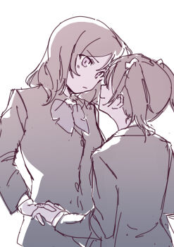 Rule 34 | 2girls, :/, absurdres, blazer, bow, bowtie, closed mouth, commentary request, expressionless, greyscale, highres, holding hands, inazuma (elect line), jacket, long sleeves, looking at another, love live!, love live! school idol project, medium hair, monochrome, multiple girls, nishikino maki, otonokizaka school uniform, school uniform, simple background, smile, twintails, upper body, white background, yazawa nico, yuri