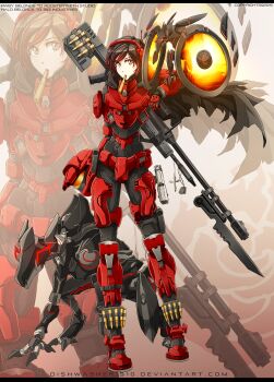 1girl absurdres armor bayonet black_hair blade bullet cape crawler crossover dishwasher1910 dog_tags grey_eyes gun halo_(game) halo_(series) handgun headphones helmet highres jewelry necklace non-humanoid_robot pistol power_armor promethean red_armor rifle robot robot_animal ruby_rose rwby sniper sniper_rifle spartan_(halo) unworn_headwear unworn_helmet watcher weapon