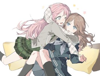 2girls artist_request bang_dream! bang_dream!_it&#039;s_mygo!!!!! black_socks blue_eyes blue_shirt blue_skirt blush brown_hair chihaya_anon chinese_commentary commentary_request commission diagonal-striped_clothes diagonal-striped_necktie enpera fang green_necktie green_skirt grey_eyes grey_neckerchief haneoka_school_uniform highres hug kneehighs long_hair midriff_peek multiple_girls nagasaki_soyo neckerchief necktie one_eye_closed open_mouth pillow pink_hair plaid_clothes plaid_scarf plaid_skirt pleated_skirt scarf school_uniform second-party_source shared_clothes shared_scarf shirt skirt socks striped_clothes teeth tsukinomori_school_uniform unmoving_pattern upper_teeth_only yuri