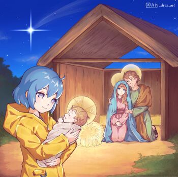 Rule 34 | 2boys, 2girls, an dres art, artist name, baby, bead necklace, beads, blonde hair, blue eyes, blue veil, carrying baby, carrying person, closed eyes, coat, commentary, crib, english commentary, falling star, halo, hay, highres, hood, hood down, hooded coat, jesus, jewelry, jubilee 2025, kneeling, luce (jubilee 2025), multiple boys, multiple girls, necklace, outdoors, raincoat, rosary, saint joseph, sandals, short hair, smile, stable, symbol-shaped pupils, the bible, traditional halo, twitter username, unworn jewelry, unworn necklace, veil, virgin mary, yellow coat, yellow halo, yellow raincoat