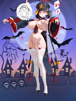 1boy 1girl :o absurdres alternate_costume areola_slip bare_tree bat_(animal) black_hair black_hat black_nails black_shoes black_sleeves blue_archive blush breasts bright_pupils claw_pose commentary_request detached_sleeves disembodied_hand doodle_sensei_(blue_archive) fingering fingernails full_body grabbing_another&#039;s_breast groping hair_ornament hairclip halloween_costume halo hat hat_ornament heart hetero highres house huge_breasts jiangshi jiangshi_costume long_fingernails long_hair looking_at_viewer maebari millennium_science_school_logo mizikayo navel ofuda ofuda_on_clothes ofuda_on_head outstretched_arms paid_reward_available parted_lips pasties pelvic_curtain qingdai_guanmao red_eyes rio_(blue_archive) sensei_(blue_archive) sharp_fingernails shoes solo_focus spoken_character spoken_heart standing stomach thighhighs thighs tree very_long_fingernails very_long_hair white_pupils white_thighhighs wide_sleeves zombie_pose