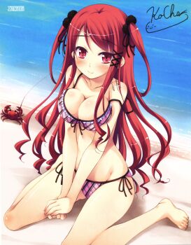 Rule 34 | 1girl, :3, absurdres, barefoot, bikini, blush, breasts, caricature, cleavage, crab, feet, front-tie top, highres, hinomiya ayari, ko~cha, large breasts, long hair, looking at viewer, ocean, off shoulder, paper texture, plaid bikini, plaid clothes, red eyes, red hair, sand, scan, shiny skin, side-tie bikini bottom, signature, sitting, smile, strap slip, swimsuit, two side up, wariza, witch's garden