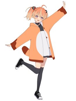 +_+ 1girl 3d ahoge arm_up artist_request black_choker black_shirt black_shoes black_thighhighs blender_(medium) blonde_hair bright_pupils cel_rendering choker commentary_request fake_tail flower full_body hair_flower hair_ornament highres hood hood_down hoodie long_sleeves looking_at_viewer medium_hair multicolored_eyes multicolored_hair no_pants open_clothes open_hoodie open_mouth orange_hair orange_hoodie outstretched_arms pink_eyes purple_eyes rinne_(rinrinne) rinrinne shirt shoes simple_background smile sneaky solo spread_arms standing standing_on_one_leg streaked_hair t-shirt tachi-e tail thighhighs two-tone_shirt virtual_youtuber white_background white_pupils white_shirt wide_sleeves