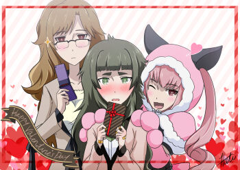 3girls akiha_rumiho animal_ears animal_hands bandaid bandaid_on_finger bandaid_on_hand blunt_bangs blush breasts brown_hair brown_jacket capelet cat_paws chocolate collar dress embarrassed fake_animal_ears flat_chest food fur-trimmed_capelet fur-trimmed_hood fur_trim green_collar green_dress green_eyes green_hair green_trim grey_jacket happy_valentine hiyajou_maho holding holding_chocolate holding_food holding_phone hood jacket jacket_over_dress jitome kiryuu_moeka lokis-hati long_hair long_sleeves mayqueen_maid_uniform medium_breasts messy_hair multiple_girls one_eye_closed phone pink_capelet pink_hair pink_hood science_adventure shirt steins;gate steins;gate_0 thick_eyebrows tongue upper_body valentine very_long_hair white_shirt winter_clothes