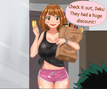 1girl alternate_breast_size bag black_tank_top blush_stickers boku_no_hero_academia breasts brown_eyes brown_hair couple coupon dating dolphin_shorts ear_cuff eddarxart english_text groceries grocery_bag happy highres holding holding_bag house housewife husband_and_wife jewelry large_breasts marriage midoriya_izuku navel open_mouth pink_shorts ring shirt shopping_bag shorts sidelocks speech_bubble sweat talking tank_top thighs tied_shirt uraraka_ochako wedding_band wedding_ring wristband
