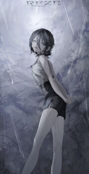 1girl absurdres arms_behind_back black_choker black_hair black_ribbon black_shoes breasts chainsaw_man character_name choker cloud commentary dark_cloud eyelashes from_side grey_eyes grey_sky hair_between_eyes hair_bun high-waist_shorts highres leaning_forward long_bangs looking_at_viewer looking_to_the_side neck_ribbon open_mouth outdoors own_hands_together rain reze_(chainsaw_man) ribbon shirt shirt_tucked_in shoes short_hair shorts side_slit sky sleeveless sleeveless_shirt small_breasts smile solo standing suimin_(sui_0y0) teeth thighs turning_head upper_teeth_only white_shirt