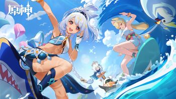 &gt;_&lt; 3girls :d absurdres alice_thymefield alice_thymefield_(sea_of_thyme) animal_ears bare_shoulders bird blonde_hair blue_sky breasts chinese_commentary cloud commentary_request crossover dark-skinned_female dark_skin day eous_(zenless_zone_zero) fingerless_gloves genshin_impact gloves highres kuangkuangti large_breasts long_braid long_hair looking_at_viewer mihoyo mualani_(genshin_impact) multiple_girls navel open_mouth paimon_(genshin_impact) rabbit_ears red_eyes sky smile stomach thighs very_long_hair white_gloves white_hair zenless_zone_zero