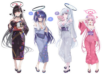 4girls alternate_costume anger_vein bare_shoulders black_choker black_hair black_halo black_kimono black_nails blue_archive blush breasts bright_pupils choker cleavage commentary double_bun fingernails floral_print floral_print_kimono full_body hair_bun halo hand_fan hands_up heart holding japanese_clothes kimono koyuki_(blue_archive) large_breasts long_hair looking_at_viewer mechanical_halo medium_breasts melt_(melt_out1) multicolored_halo multiple_girls nail_polish noa_(blue_archive) obi parted_lips pink_halo pink_kimono platform_sandals print_kimono purple_hair purple_kimono red_eyes red_halo red_sash rio_(blue_archive) sandals sash simple_background solo speech_bubble spoken_anger_vein standing toenail_polish toenails towel towel_around_neck two-tone_halo v very_long_hair white_background white_hair white_kimono yukata yuuka_(blue_archive)