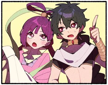 1boy 1girl black_hair black_shirt border bracelet braid collar cropped_shirt hagoromo hand_up index_finger_raised jewelry judal long_hair low_twintails magi_the_labyrinth_of_magic nploser open_mouth pink_eyes purple_hair ren_kougyoku scarf shawl shirt simple_background twintails upper_body very_long_hair white_border white_scarf yellow_background