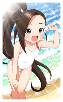 1girl absurdres beach black_hair brown_eyes forehead high_ponytail highres ishigakiseiya kunoichi_tsubaki_no_mune_no_uchi leaning_forward looking_at_viewer ponytail solo swimsuit tsubaki_(kunoichi_tsubaki_no_mune_no_uchi) victory_pose