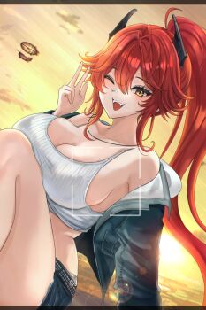 1girl ;d absurdres aircraft airship bare_shoulders blue_jacket blue_shorts breasts brown_eyes camisole cleavage cloud denim denim_jacket denim_shorts fang feet_out_of_frame goddess_of_victory:_nikke hair_between_eyes hand_up highres horns jacket knees_up large_breasts letterboxed long_hair looking_at_viewer off_shoulder one_eye_closed open_clothes open_jacket open_mouth outdoors ponytail red_hair red_hood_(nikke) short_shorts shorts sideboob sky smile solo sunameri_(pixiv3564245) sunset very_long_hair viewfinder w white_camisole