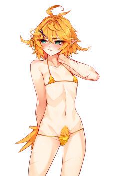 Rule 34 | 1girl, ahoge, aqua eyes, bare arms, bare legs, bare shoulders, bikini, blonde hair, blonde pubic hair, blush, breasts, collarbone, commentary, cowboy shot, cross scar, dokibird, embarrassed, english commentary, eyes visible through hair, fang, fang out, gold bikini, hair between eyes, hair ornament, highres, indie virtual youtuber, looking to the side, navel, pointy ears, pubic feathers, pubic hair, ricegnat, scar, short hair, simple background, small breasts, solo, stomach, string bikini, swimsuit, tail, virtual youtuber, wavy mouth, white background, x hair ornament