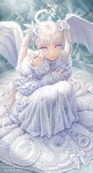 1girl angel_wings artist_name asymmetrical_wings closed_mouth commentary demon_wings dress frilled_dress frills full_body gem halo highres jewelry lace lace-trimmed_dress lace_trim long_dress long_hair looking_at_viewer minami_(minami373916) mismatched_pupils mismatched_wings multiple_rings original pearl_(gemstone) purple_eyes ring solo squatting tentacle_hair_ornament twintails very_long_hair white_dress white_wings wings