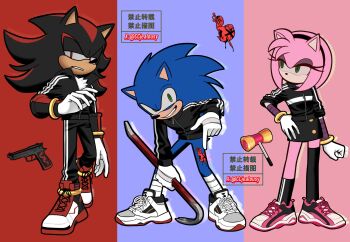 amy_rose asymmetrical_legwear beretta_92 black_skirt chinese_commentary column_lineup commentary_request crowbar czy_(2894456992) eyelashes furry furry_female furry_male gloves green_eyes grin gun half-closed_eyes hammer hand_on_own_hip handgun hedgehog_boy hedgehog_girl highres holding holding_crowbar jacket makeup miniskirt pants pink_shoes pointing pointing_down red_eyes red_shoes shadow_the_hedgehog shoes single_thighhigh skirt smile sneakers sonic_(series) sonic_the_hedgehog thighhighs track_jacket track_pants track_suit twitter_username watermark weapon white_gloves