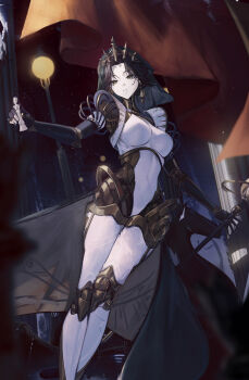 1girl absurdres black_hair chess_piece commentary_request feet_out_of_frame highres holding holding_chess_piece humanoid_robot looking_at_viewer lucy_(reverse:1999) mole mole_under_mouth official_alternate_costume parted_lips reverse:1999 robot sasa_(sasa_ekakiman) solo standing tagme