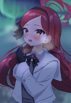 1girl aurora black_dress black_gloves blue_archive blush dress gloves halo jacket long_hair panda_90321 red_hair red_halo solo takane_(blue_archive) upper_body white_jacket yellow_eyes