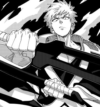 1boy armor black_kimono bleach bleach:_sennen_kessen-hen closed_mouth dual_wielding greyscale halftone harukamiart highres holding holding_sword holding_weapon japanese_clothes kimono kurosaki_ichigo looking_at_viewer monochrome shihakusho shoulder_armor solo sword true_zangetsu_(shikai) v-shaped_eyebrows weapon zanpakutou