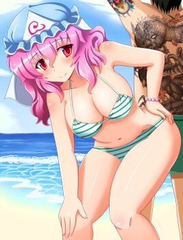 1boy 1girl arm_up artist_self-insert bad_id bad_pixiv_id beach beads bikini black_hair blush body_blush bracelet breasts cleavage cloud curvy day dragon dragon_tattoo flower frills from_behind green_male_swimwear green_swim_trunks hair_between_eyes hand_on_own_hip hand_on_thigh hat head_out_of_frame jewelry large_breasts leaning_forward light_smile long_hair male_swimwear navel ocean outdoors petals pink_hair red_eyes saigyouji_yuyuko shin'en-san_(shin'en) shin'en_(gyokuro_company) short_hair sky smile standing striped_bikini striped_clothes swim_trunks swimsuit tattoo topless_male touhou triangular_headpiece water wavy_hair wide_hips