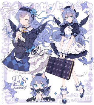 1girl ame_ame animal_ears bell beret blue_eyes blue_hair braid cat chibi closed_eyes full_body hair_ornament hairband hat highres long_sleeves multiple_views open_mouth original praying suitcase tail watermark wings