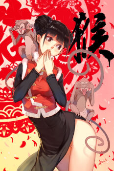 10s 1girl 2016 black_dress black_hair blush_stickers braid braided_bun breasts brown_eyes chinese_clothes chinese_zodiac covered_navel covering_own_ears covering_own_eyes covering_own_mouth double_bun dress eyelashes female_focus hair_bun highres looking_back monkey nengajou new_year no_panties original petals short_hair side_slit small_breasts solo squidsmith three_monkeys