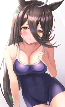 Rule 34 | 1girl, ahoge, animal ears, black hair, blue one-piece swimsuit, blush, breasts, cleavage, collarbone, commentary request, competition school swimsuit, covered navel, ear tag, earrings, hair between eyes, horse ears, horse girl, jewelry, long bangs, long hair, long hair between eyes, looking at viewer, manhattan cafe (umamusume), medium breasts, multicolored hair, one-piece swimsuit, parted lips, school swimsuit, simple background, single earring, solo, swimsuit, thurumu, tracen swimsuit, umamusume, very long hair, white hair, yellow eyes