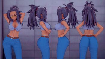 1girl 3d absurdres artist_request ass blue_pants breasts chalk dark_skin expressionless high_heels highres huge_ass large_breasts long_hair looking_at_viewer nintendo pants pokemon pokemon_sv ponytail purple_eyes purple_hair raifort_(pokemon) semi-rimless_eyewear solo under-rim_eyewear very_long_hair watch wide_hips wristwatch