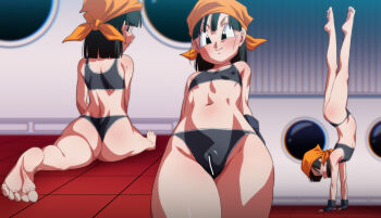 1girl arms_behind_back ass bandana bar_censor barefoot black_eyes black_hair censored closed_mouth covered_erect_nipples curvy dragon_ball dragon_ball_gt exercising flat_chest flexible handstand loli looking_at_viewer multiple_views navel orange_bandana pan_(dragon_ball) rom_(20) short_hair sitting smile soles sports_bra standing thighs thong toes wide_hips