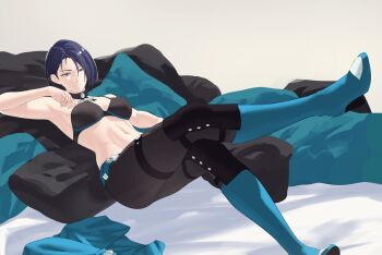 1girl absurdres bare_arms bed black_bra blue_hair bra choker commentary crossed_legs english_commentary fire_emblem fire_emblem:_three_houses full_body highres looking_at_viewer lounging lying nintendo on_back pomelomelon shamir_nevrand short_hair smile solo topless_female underwear